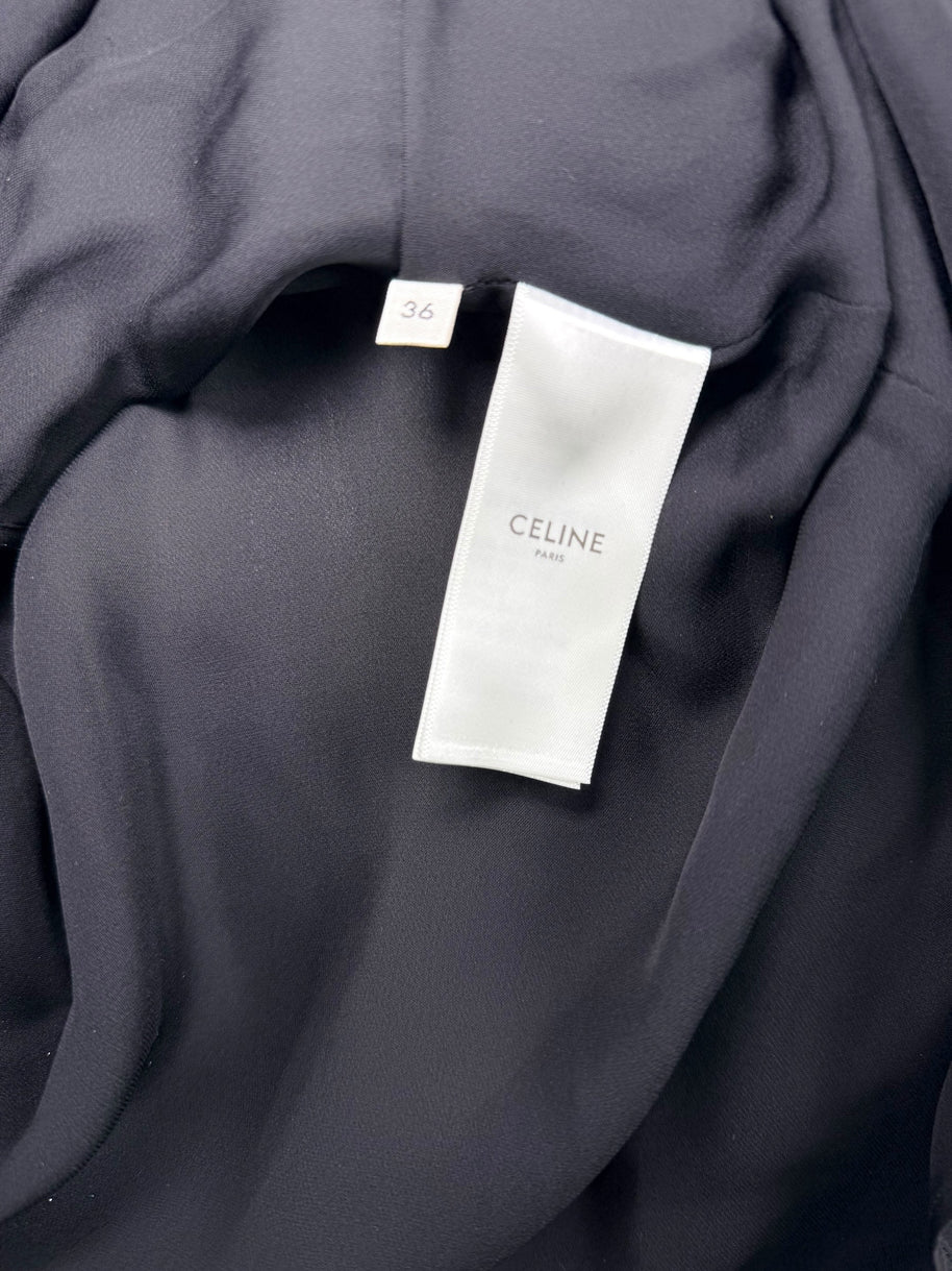 Celine Paris Black Pleated Empire Waist Dress FR 36 Silk Lined Made in France