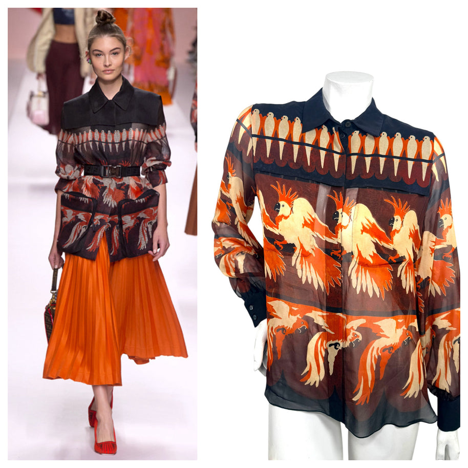 Fendi SS2019 Runway Silk Bird Print Button-Front Blouse IT 40
