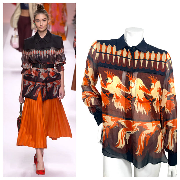 Fendi SS2019 Runway Silk Bird Print Button-Front Blouse IT 40