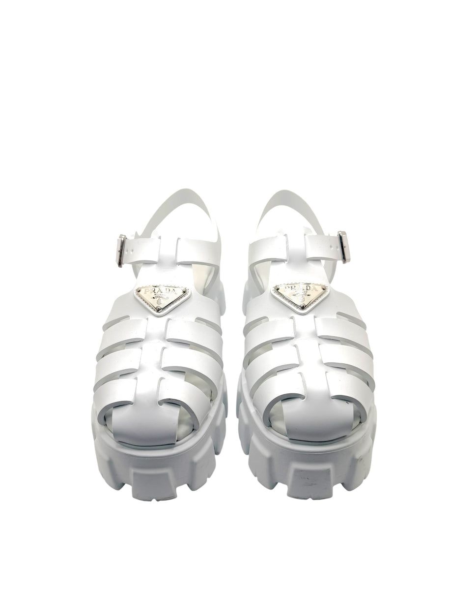Prada Monolith White Leather Fisherman Platform Sandals IT 37