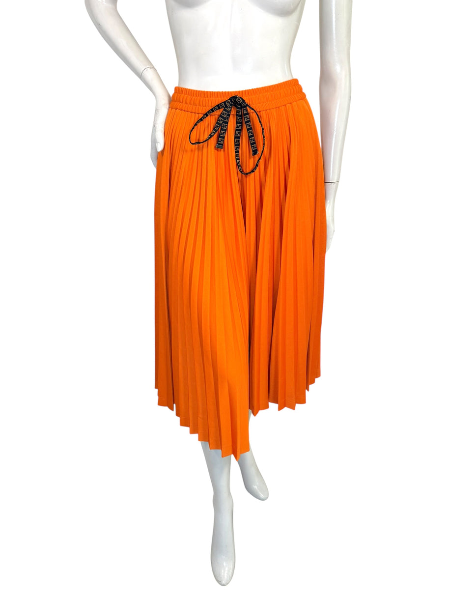 Fendi Roma Orange Pleated Drawstring Midi Skirt IT 40