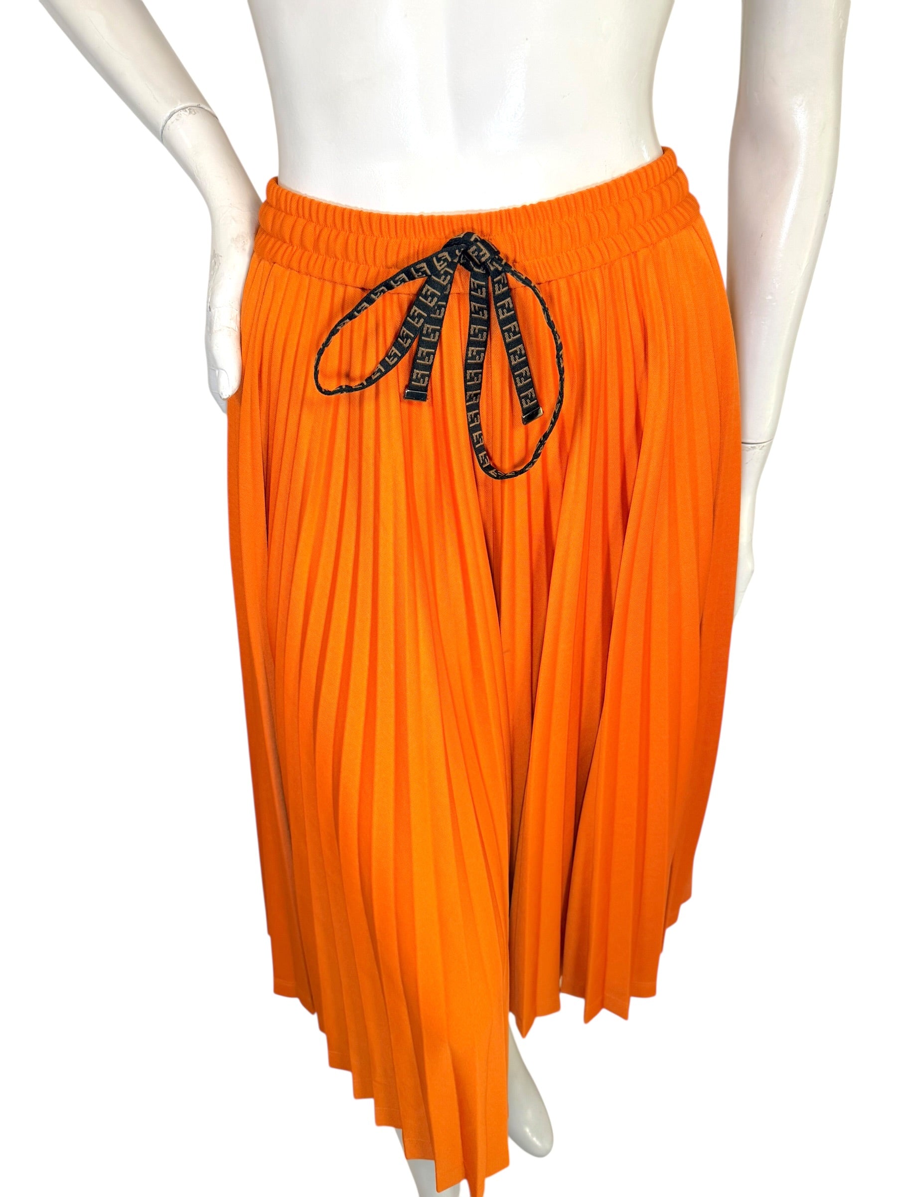 Fendi Roma Orange Pleated Drawstring Midi Skirt IT 40