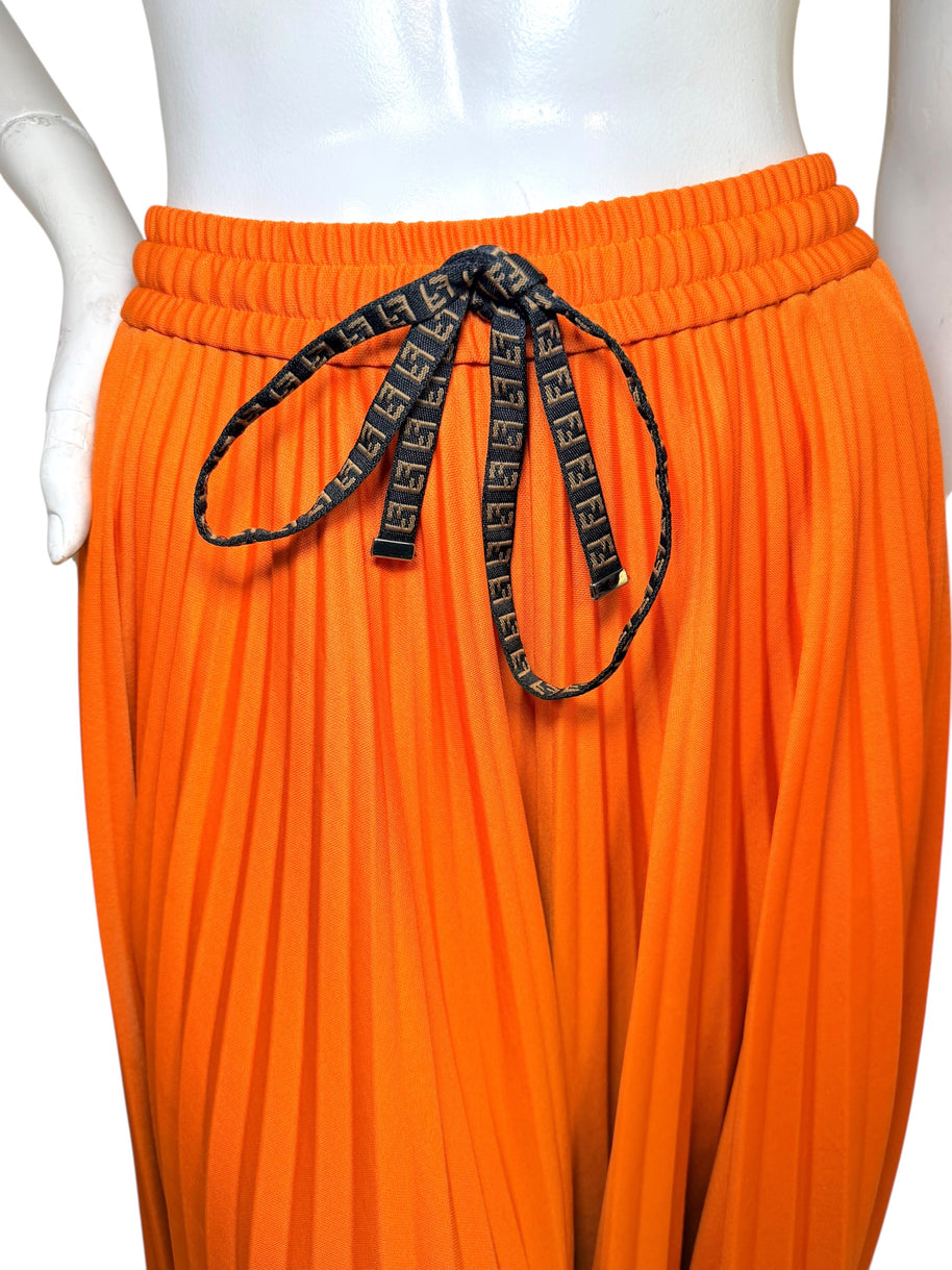 Fendi Roma Orange Pleated Drawstring Midi Skirt IT 40