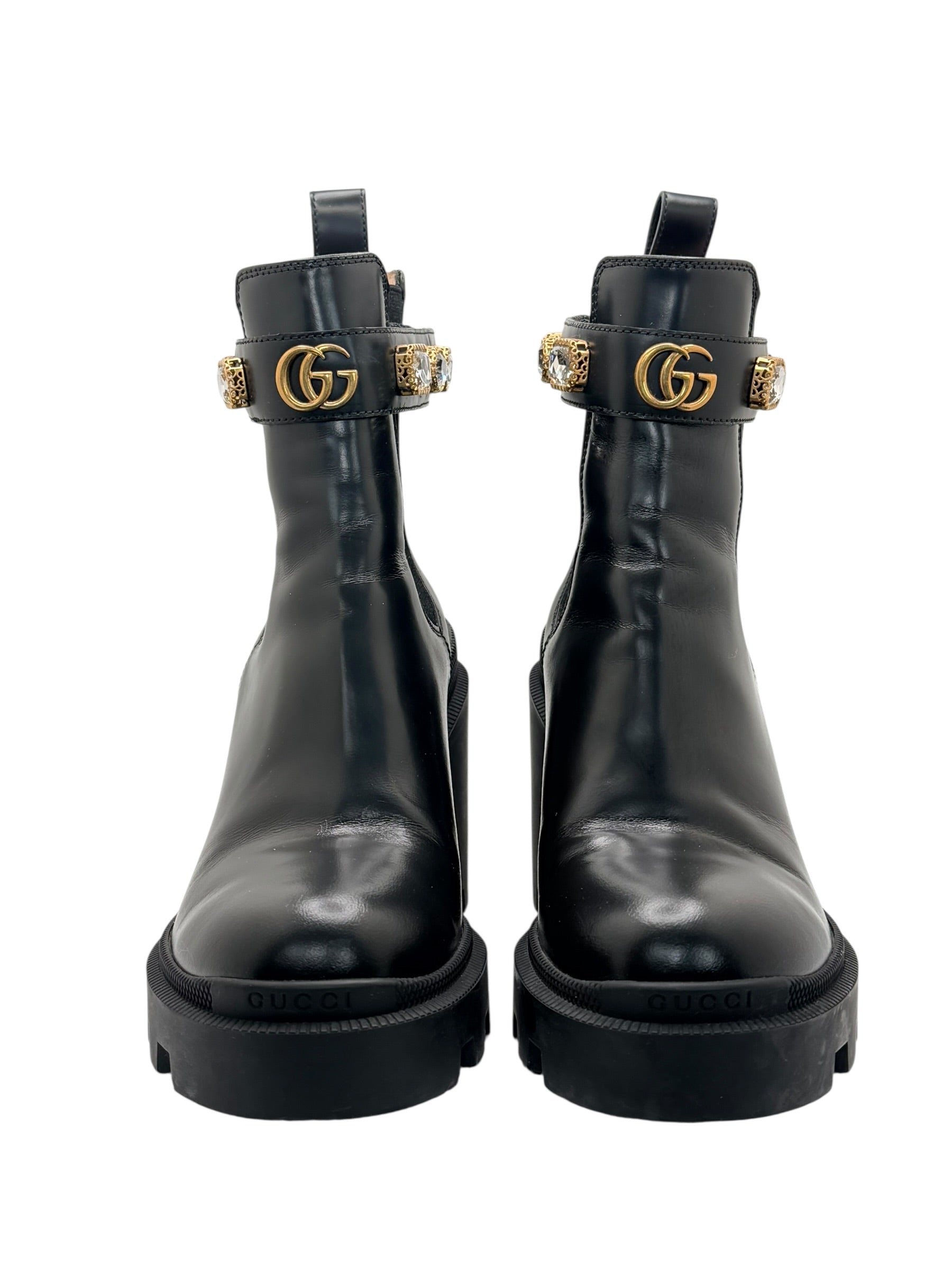 Gucci Crystal GG Embellished Chelsea Boots Black Leather EU 37