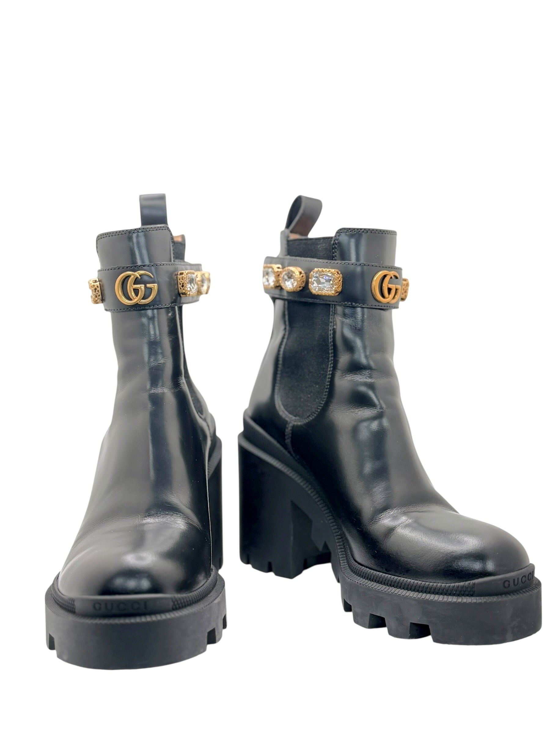 Gucci Crystal GG Embellished Chelsea Boots Black Leather EU 37