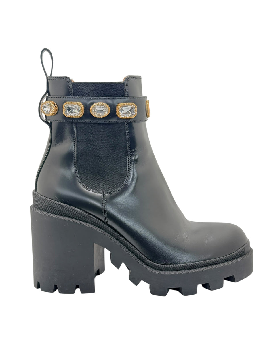 Gucci Crystal GG Embellished Chelsea Boots Black Leather EU 37