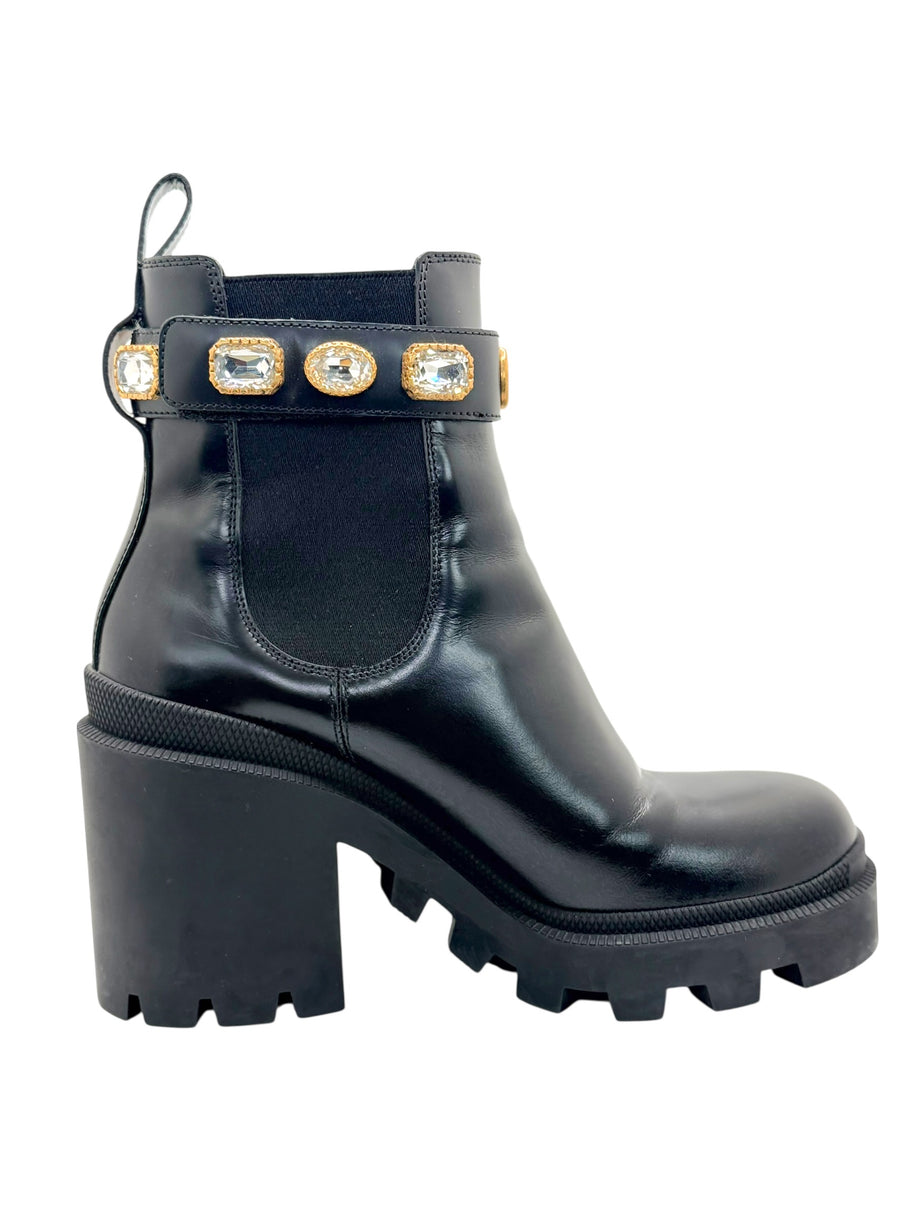 Gucci Crystal GG Embellished Chelsea Boots Black Leather EU 37
