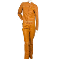 Miu Miu Cognac Leather Jacket and Pants Set IT44 Y2K Italy