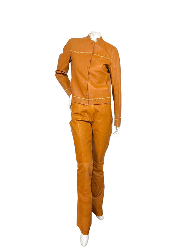 Miu Miu Cognac Leather Jacket and Pants Set IT44 Y2K Italy