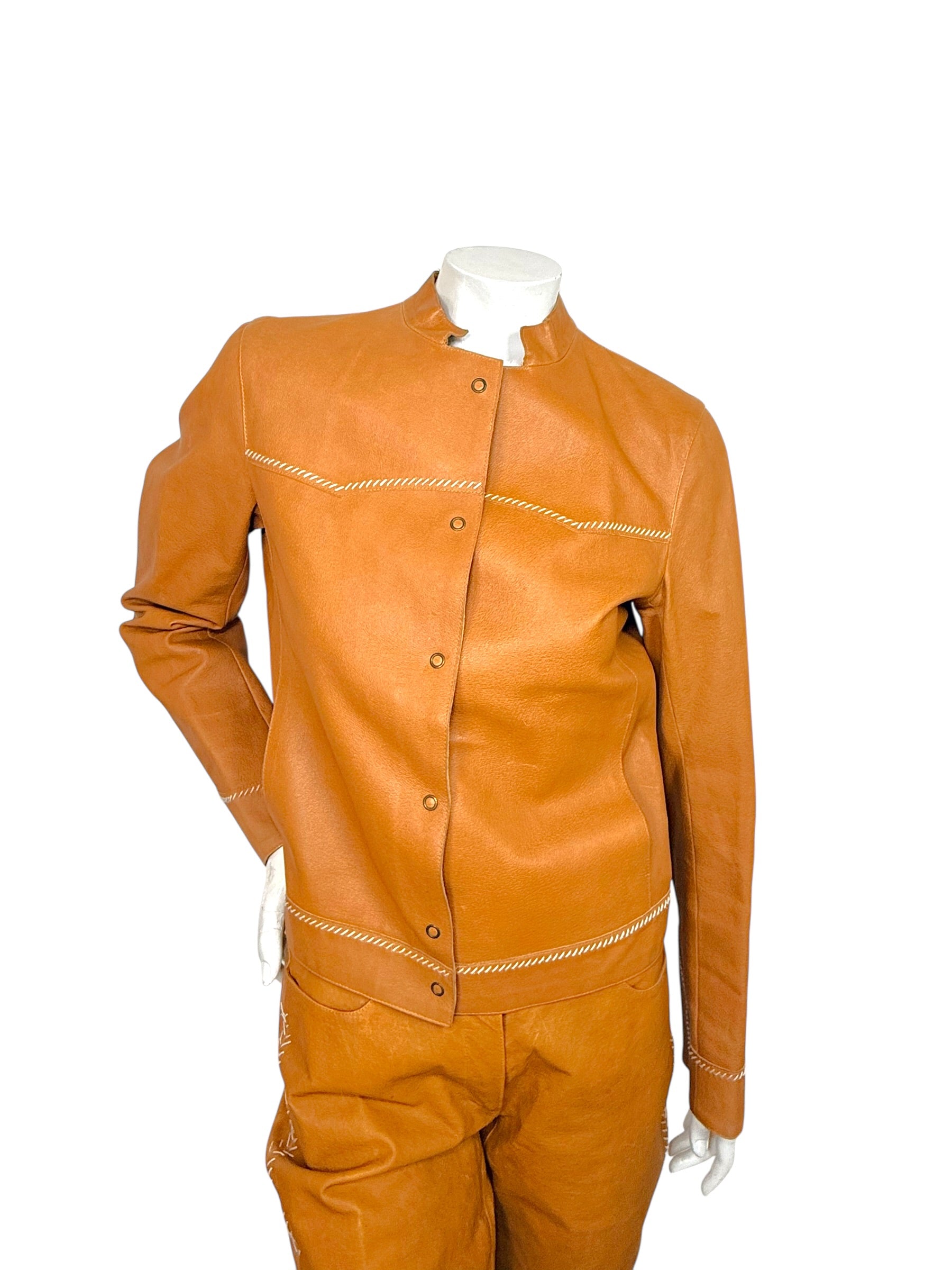 Miu Miu Cognac Leather Jacket and Pants Set IT44 Y2K Italy