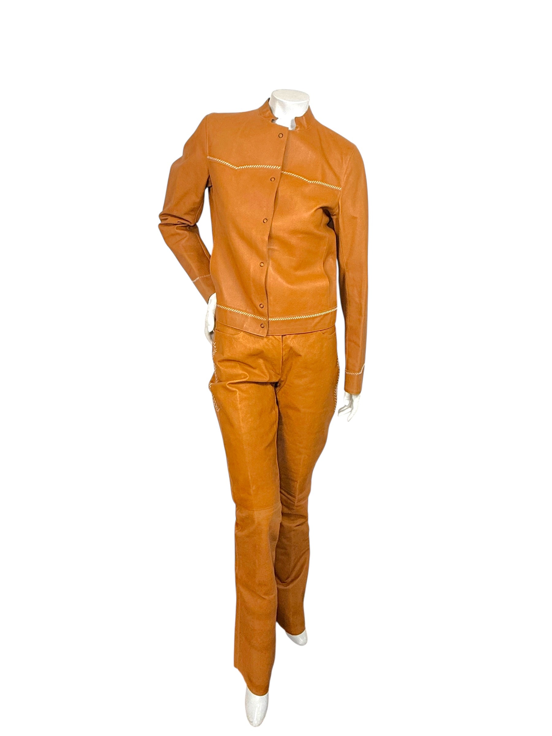 Miu Miu Cognac Leather Jacket and Pants Set IT44 Y2K Italy