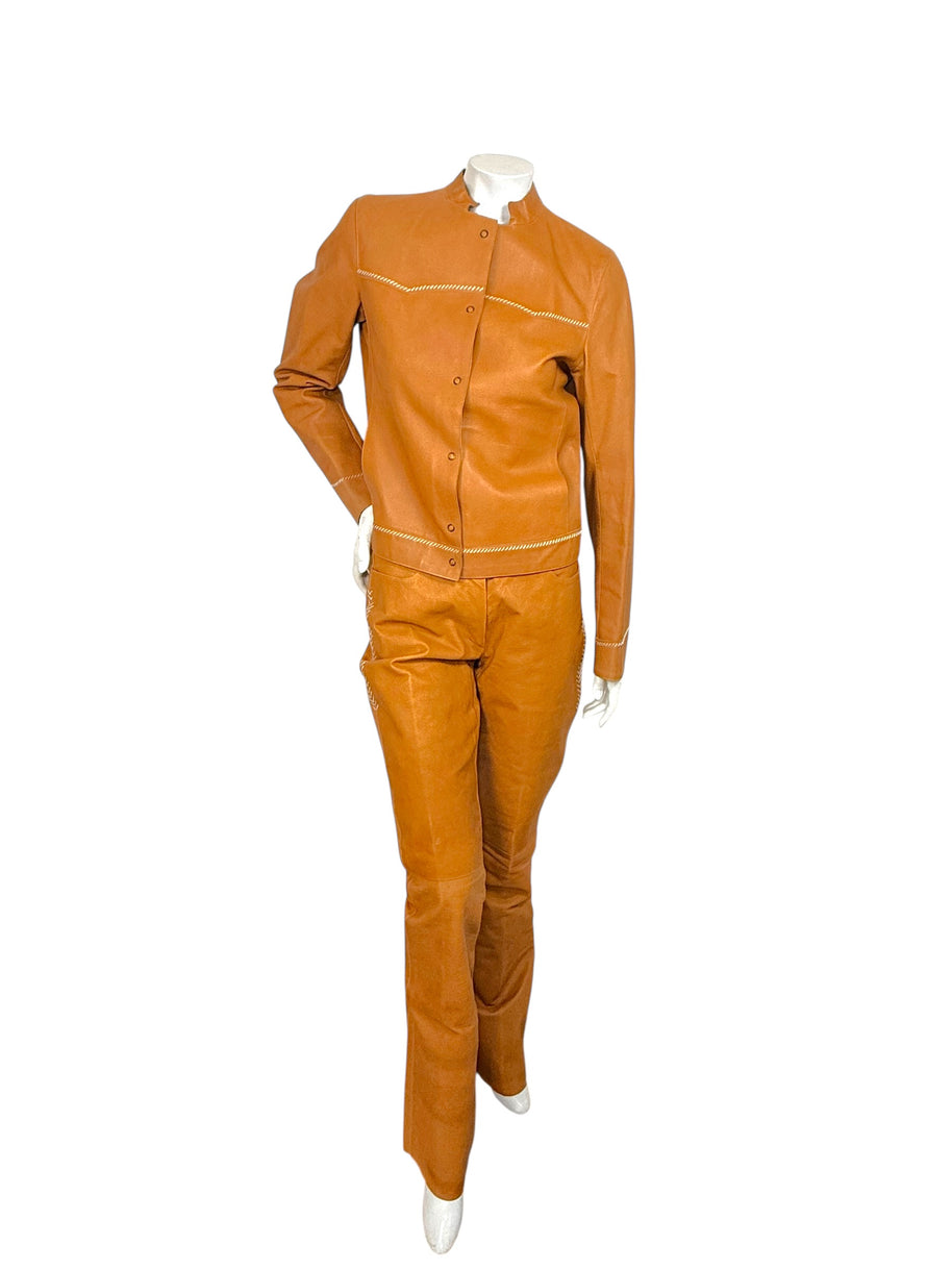 Miu Miu Cognac Leather Jacket and Pants Set IT44 Y2K Italy