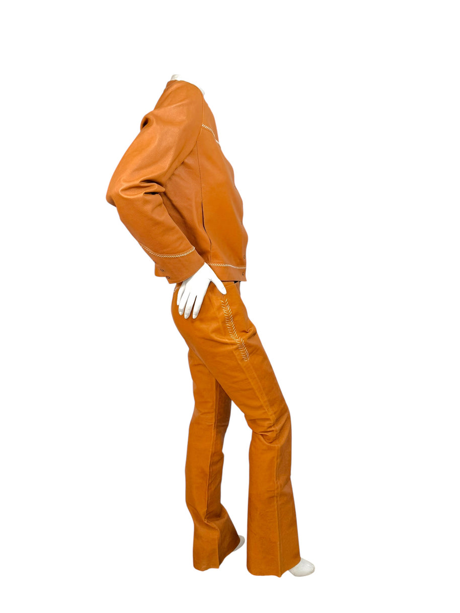 Miu Miu Cognac Leather Jacket and Pants Set IT44 Y2K Italy
