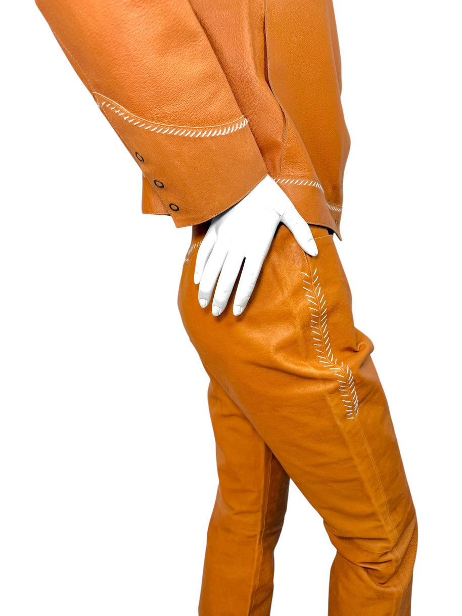 Miu Miu Cognac Leather Jacket and Pants Set IT44 Y2K Italy