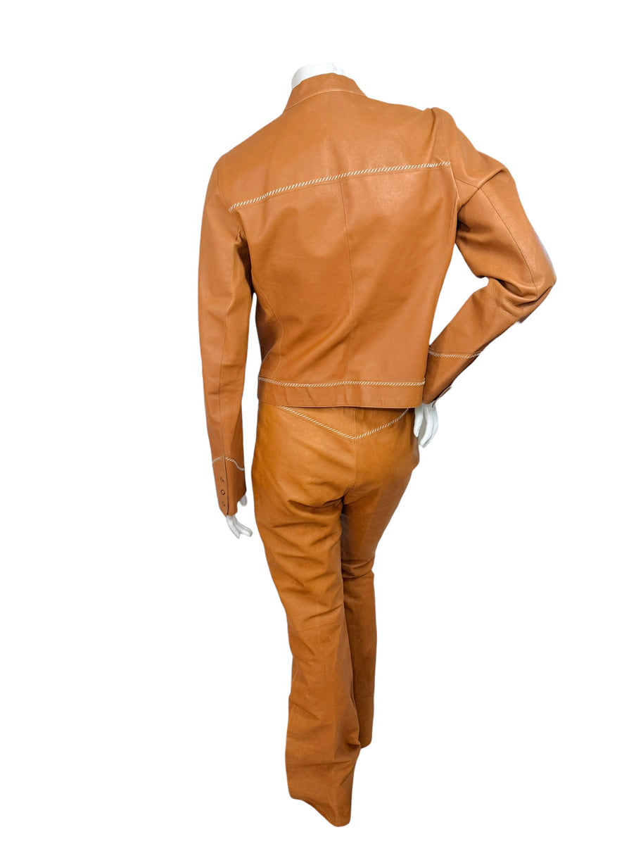 Miu Miu Cognac Leather Jacket and Pants Set IT44 Y2K Italy