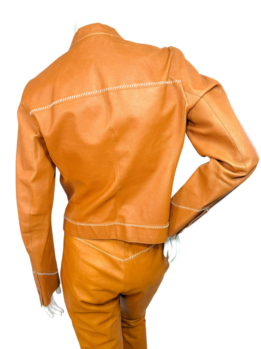 Miu Miu Cognac Leather Jacket and Pants Set IT44 Y2K Italy