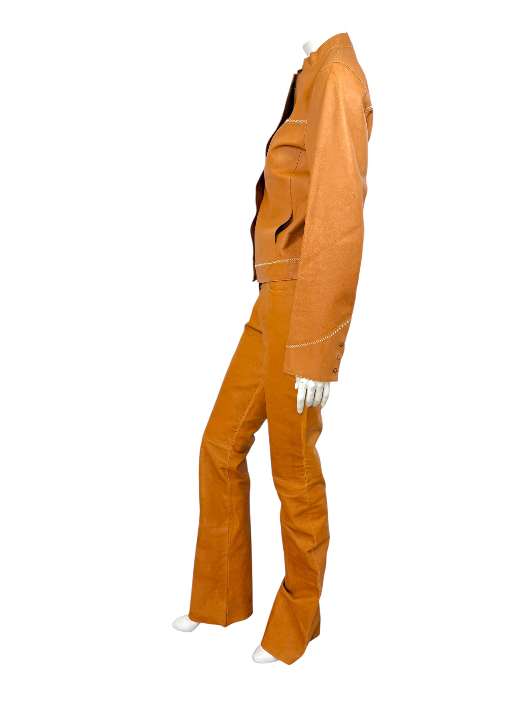 Miu Miu Cognac Leather Jacket and Pants Set IT44 Y2K Italy