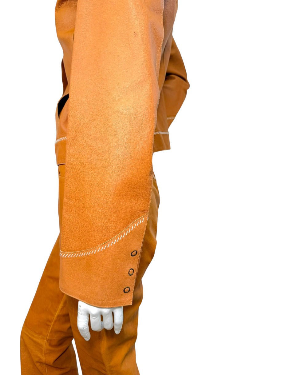 Miu Miu Cognac Leather Jacket and Pants Set IT44 Y2K Italy