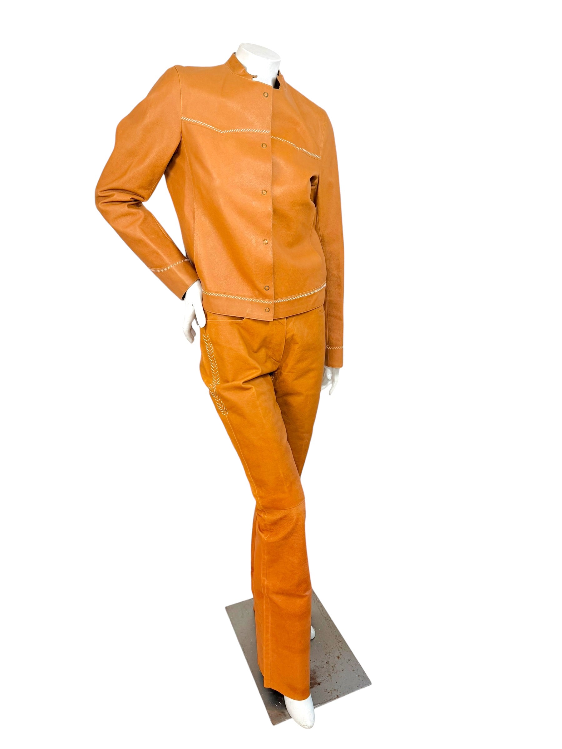 Miu Miu Cognac Leather Jacket and Pants Set IT44 Y2K Italy