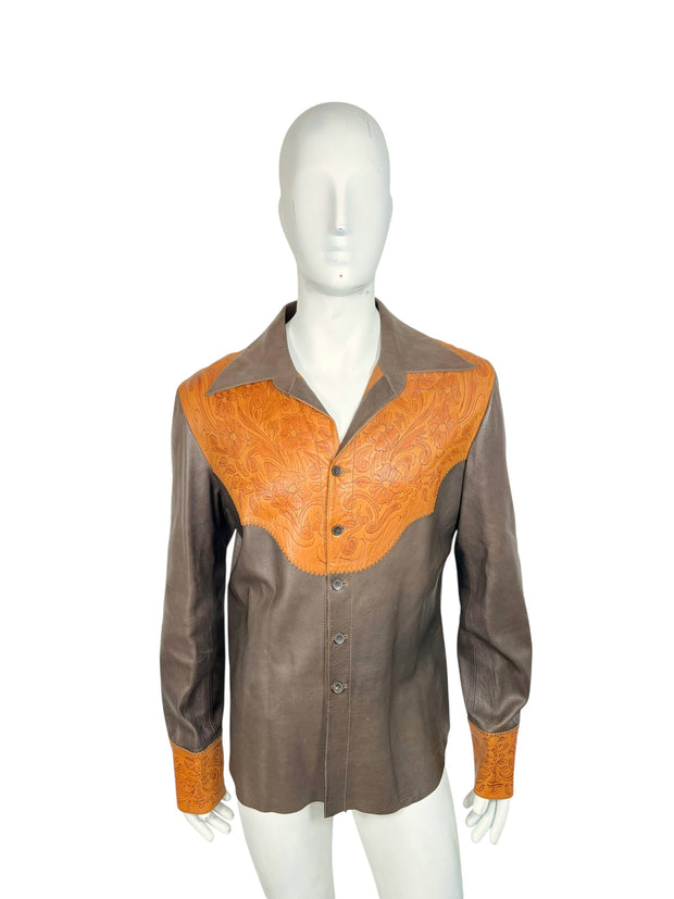 Gucci Leather Western Shirt Brown Tooled Leather Size 56