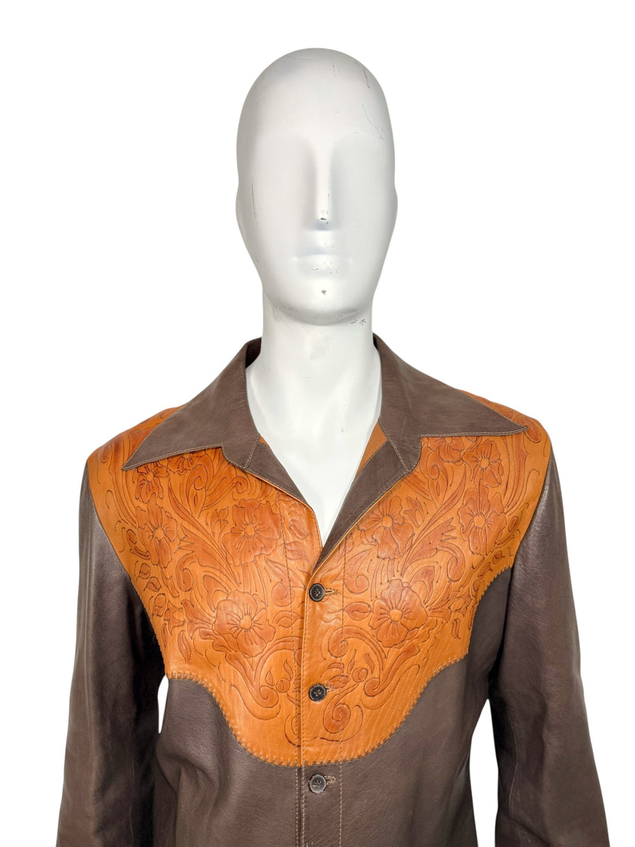 Gucci Leather Western Shirt Brown Tooled Leather Size 56