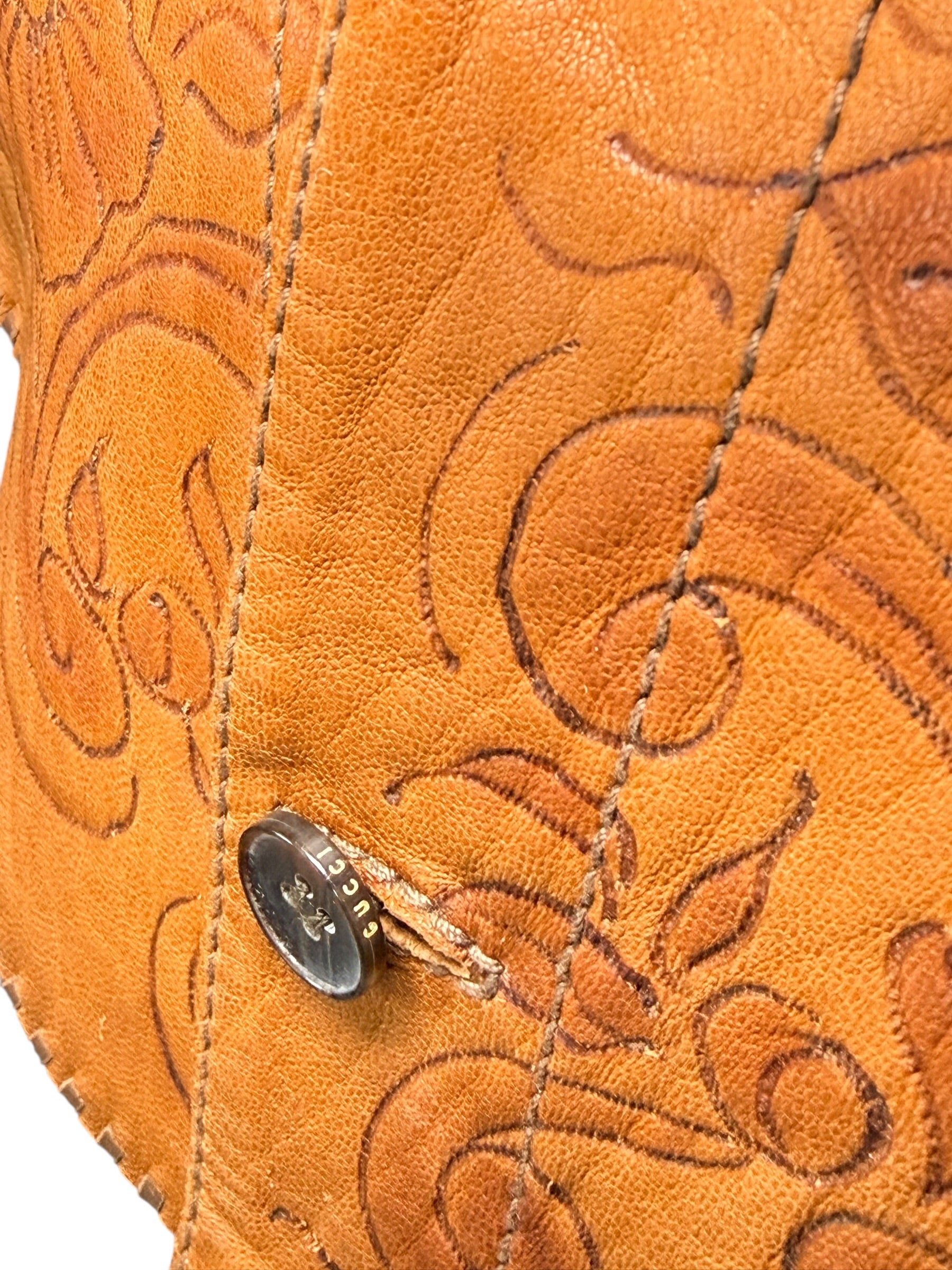 Gucci Leather Western Shirt Brown Tooled Leather Size 56