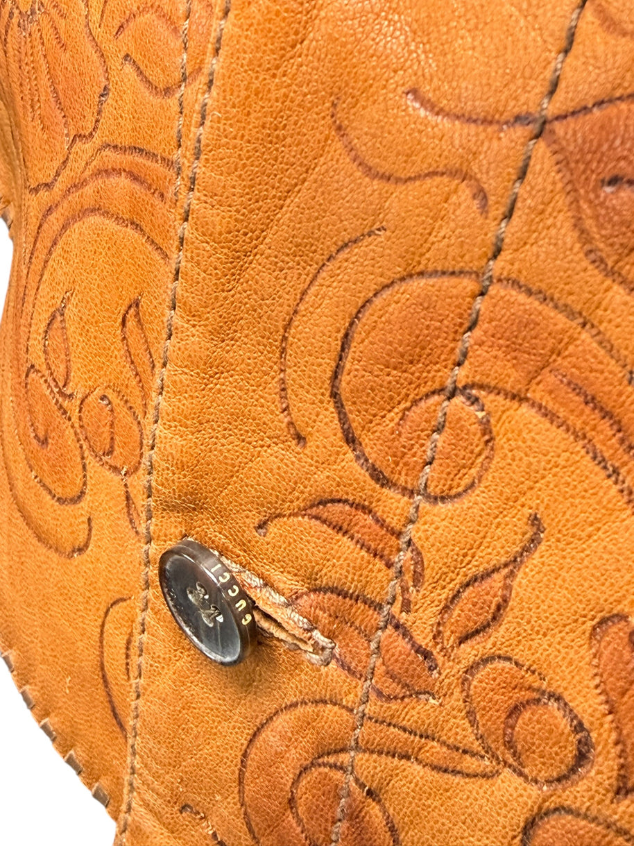 Gucci Leather Western Shirt Brown Tooled Leather Size 56