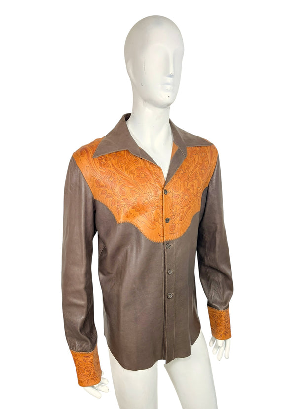 Gucci Leather Western Shirt Brown Tooled Leather Size 56