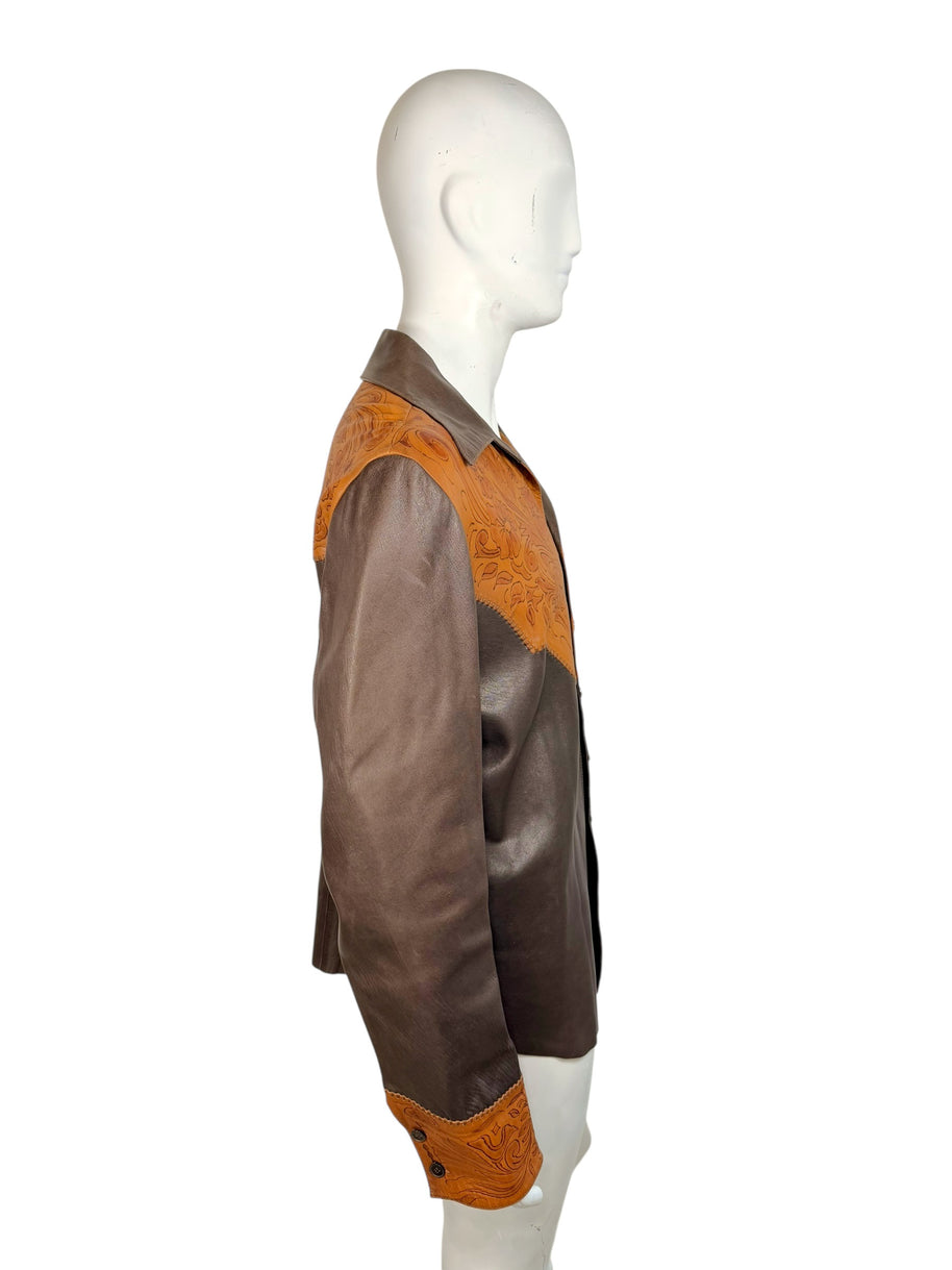 Gucci Leather Western Shirt Brown Tooled Leather Size 56