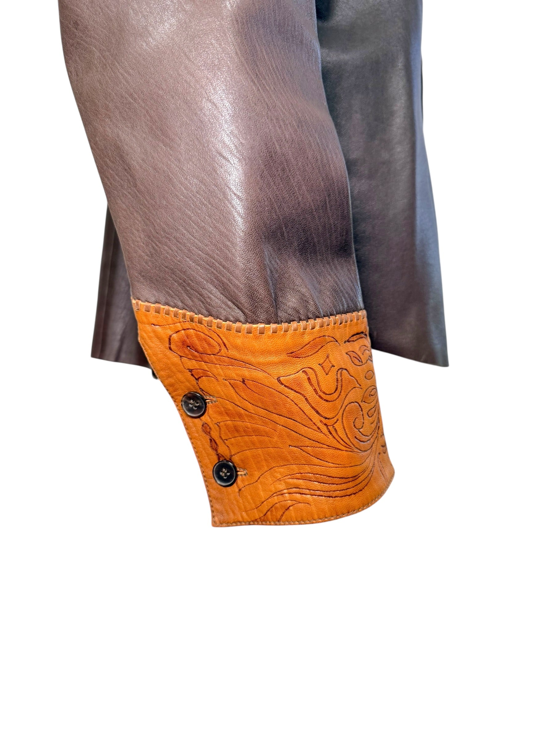 Gucci Leather Western Shirt Brown Tooled Leather Size 56