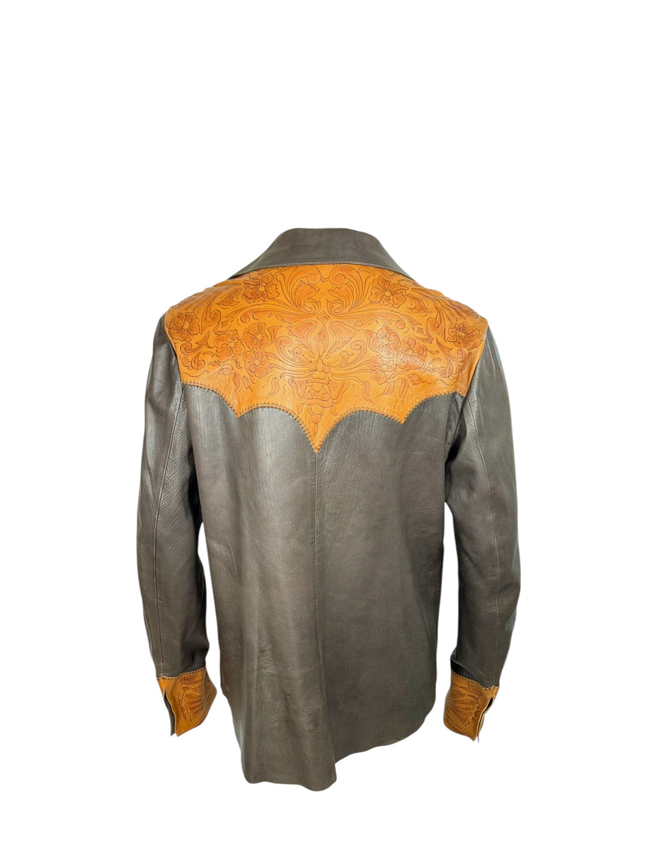 Gucci Leather Western Shirt Brown Tooled Leather Size 56