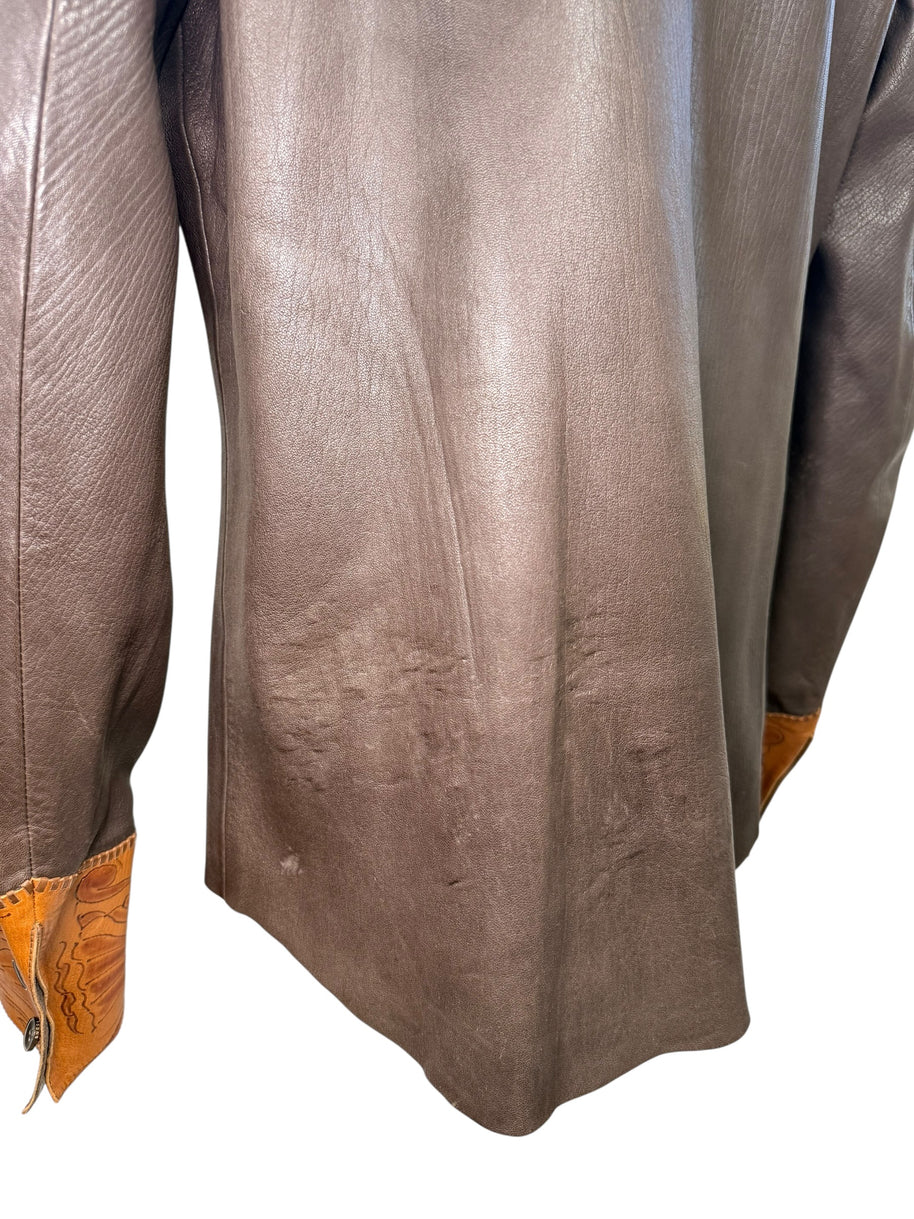 Gucci Leather Western Shirt Brown Tooled Leather Size 56
