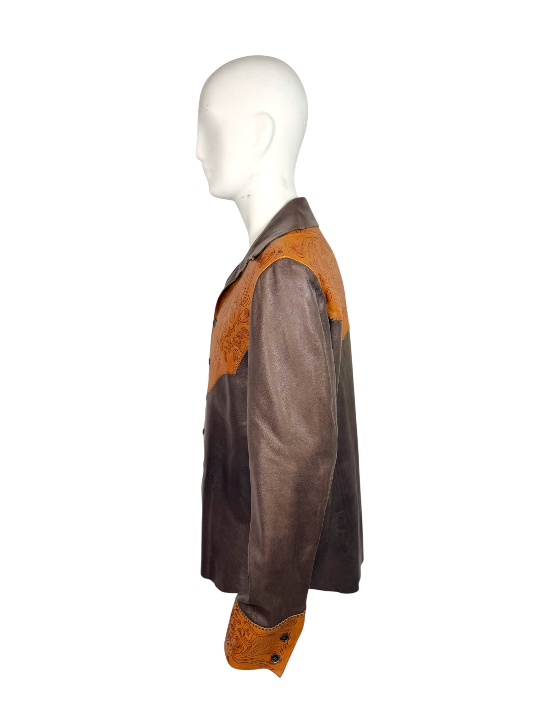 Gucci Leather Western Shirt Brown Tooled Leather Size 56