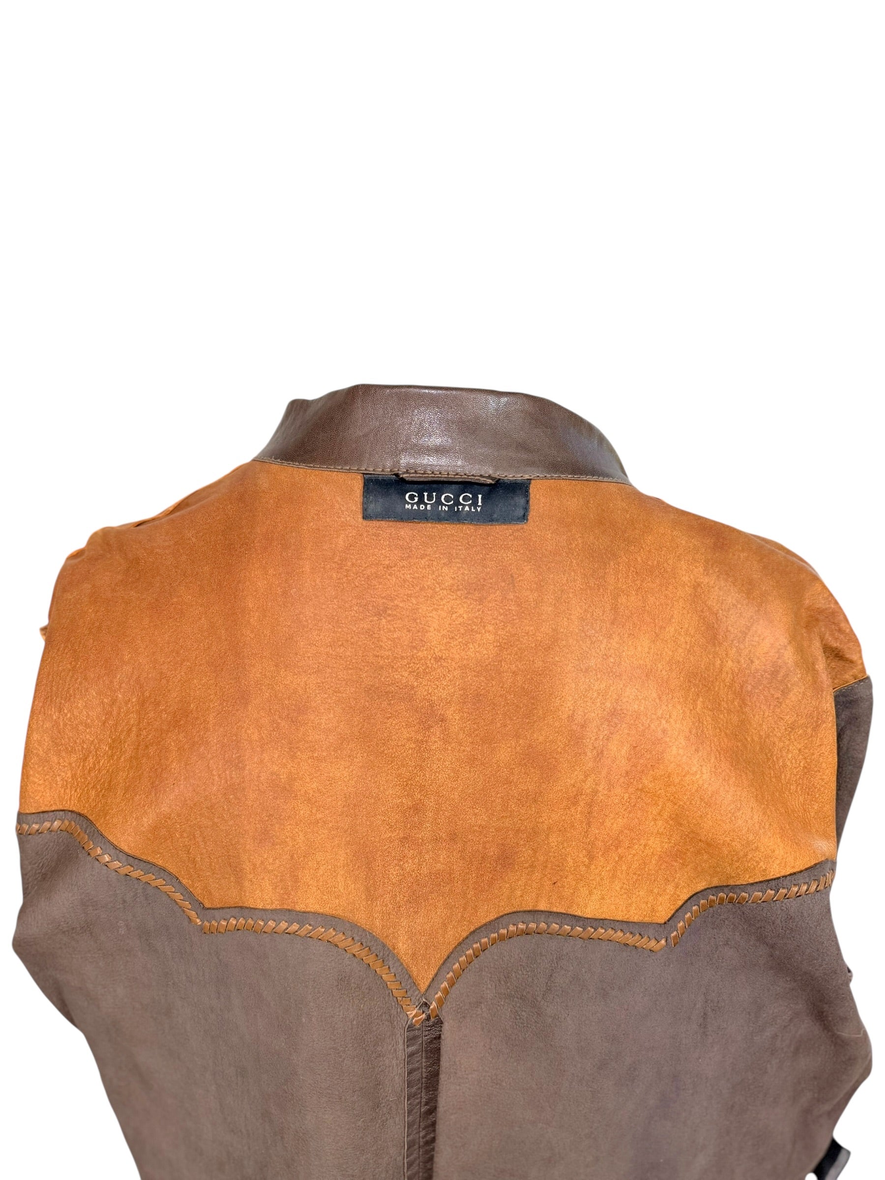 Gucci Leather Western Shirt Brown Tooled Leather Size 56