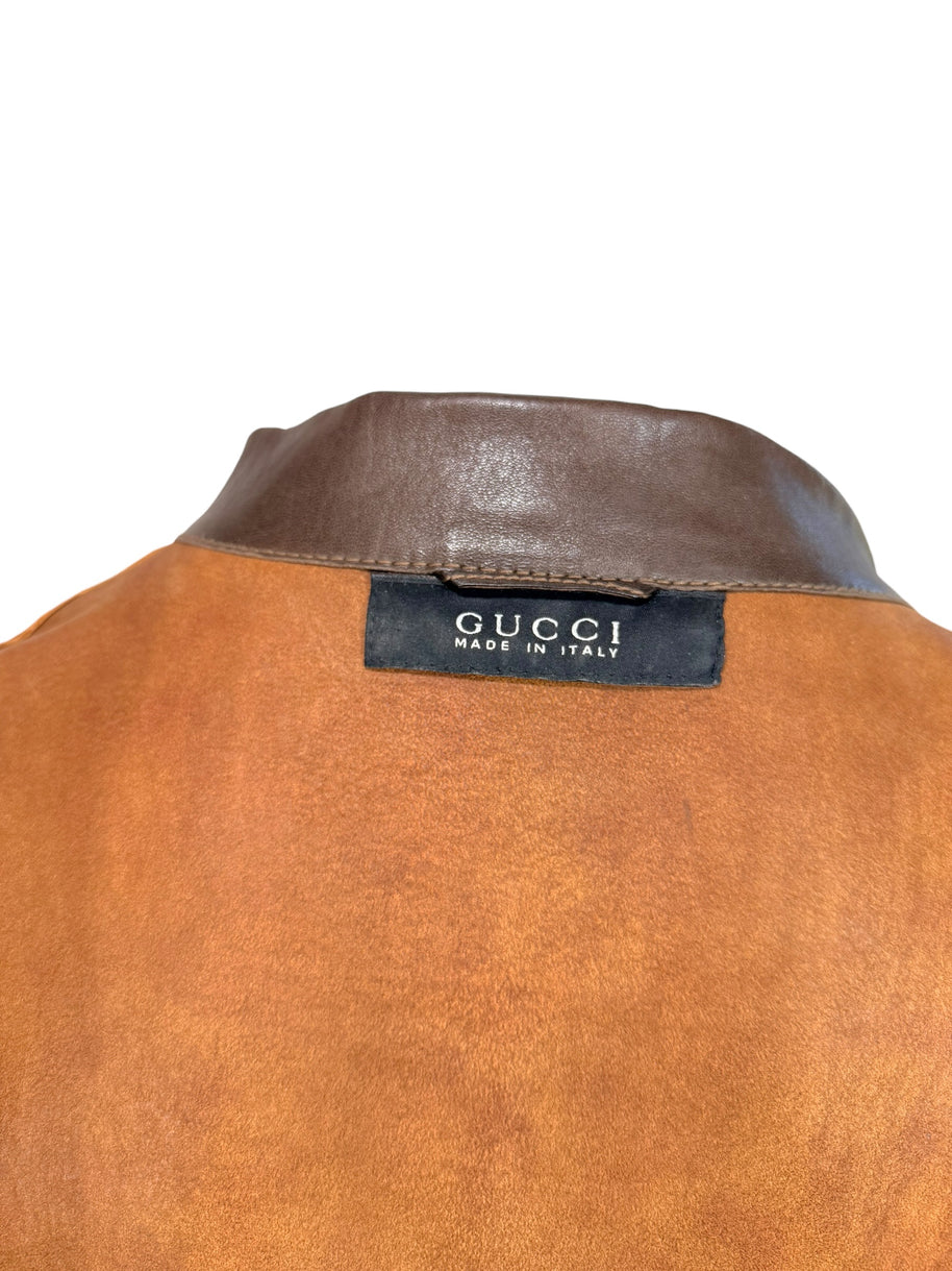 Gucci Leather Western Shirt Brown Tooled Leather Size 56