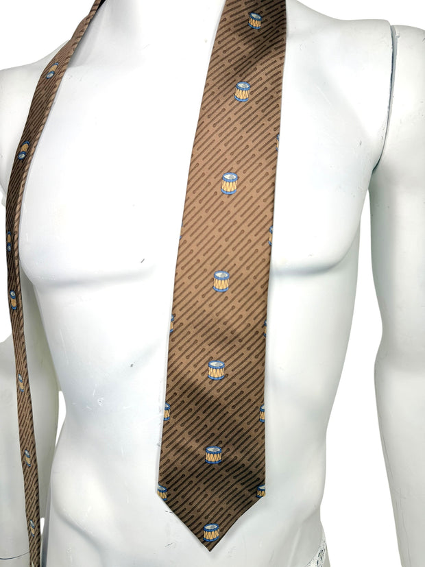 Hermes Vintage Silk Tie Brown Drum Print Made in France