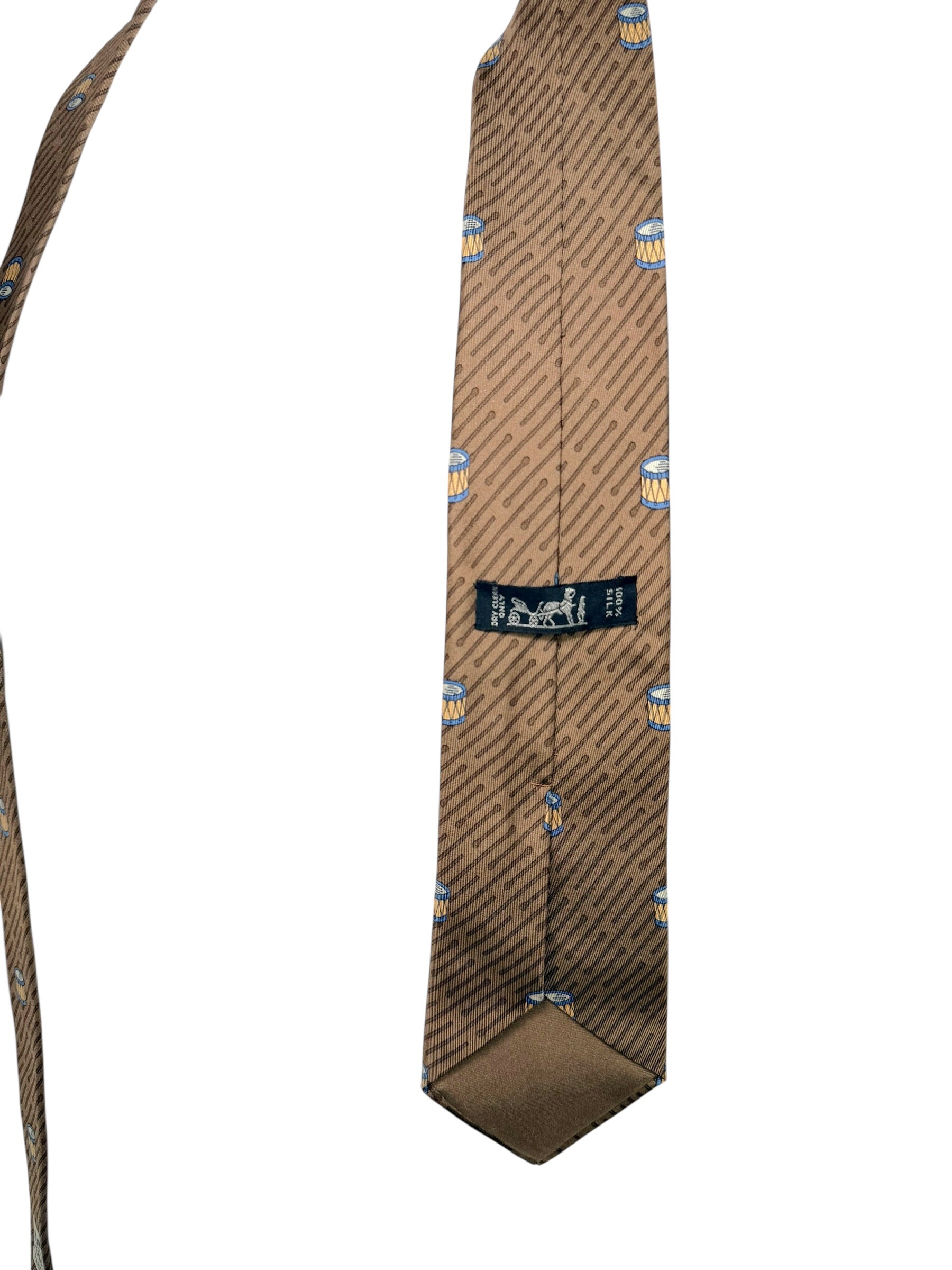 Hermes Vintage Silk Tie Brown Drum Print Made in France