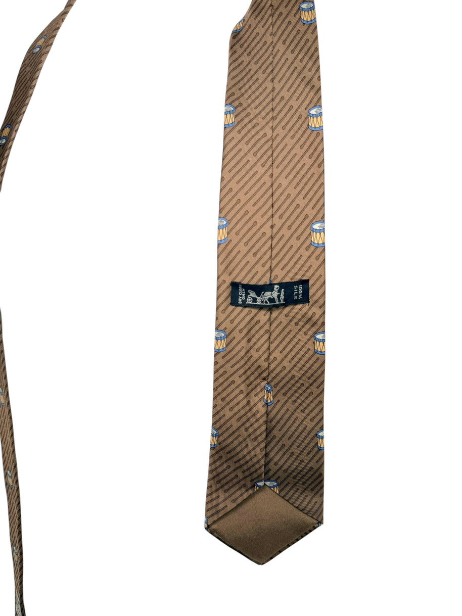 Hermes Vintage Silk Tie Brown Drum Print Made in France