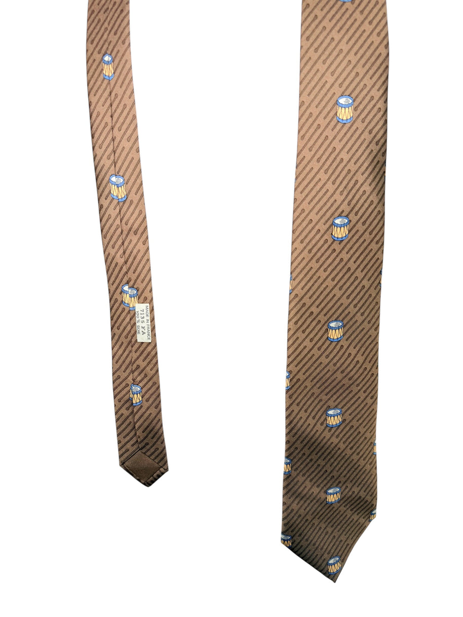 Hermes Vintage Silk Tie Brown Drum Print Made in France