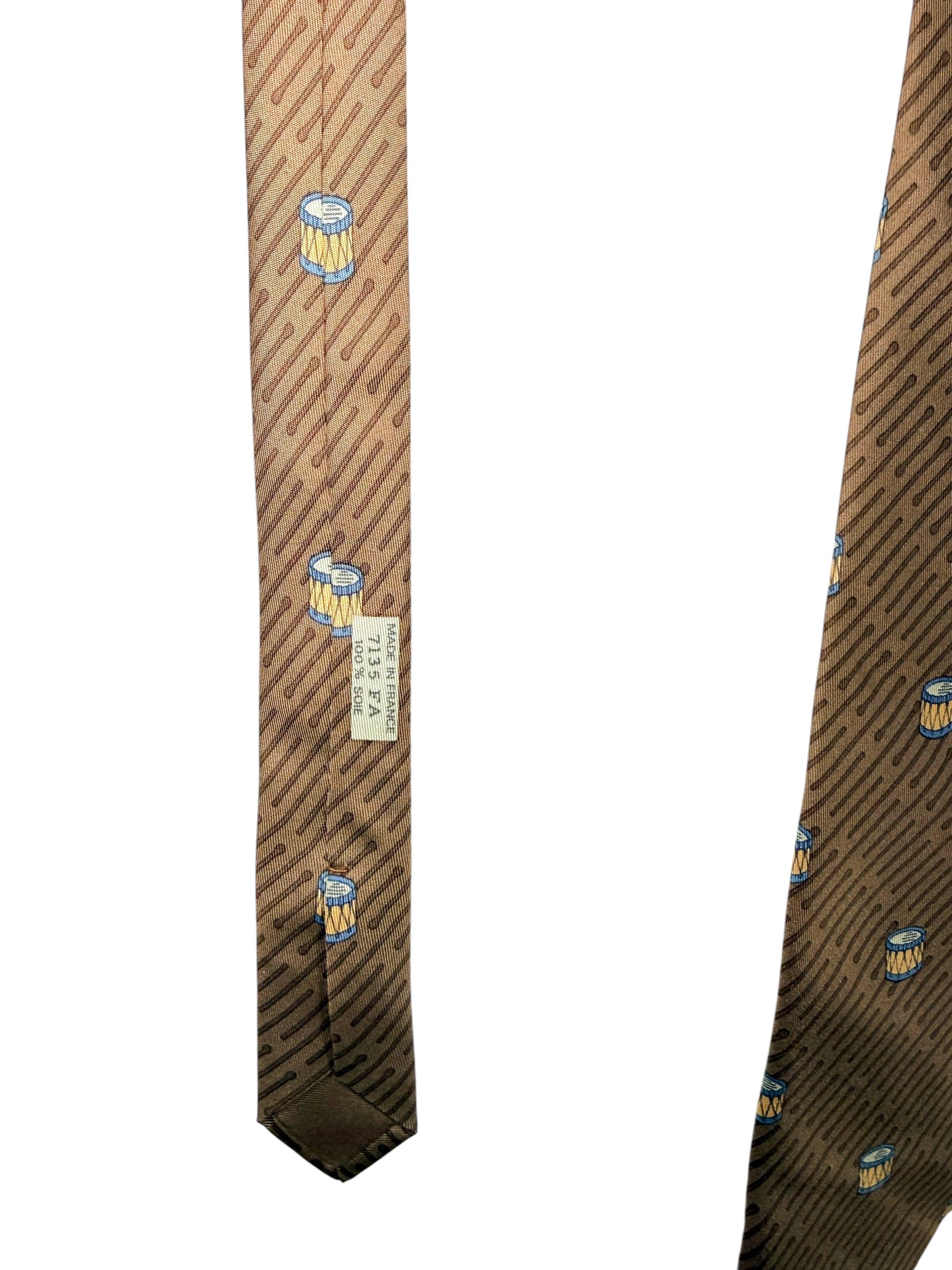 Hermes Vintage Silk Tie Brown Drum Print Made in France