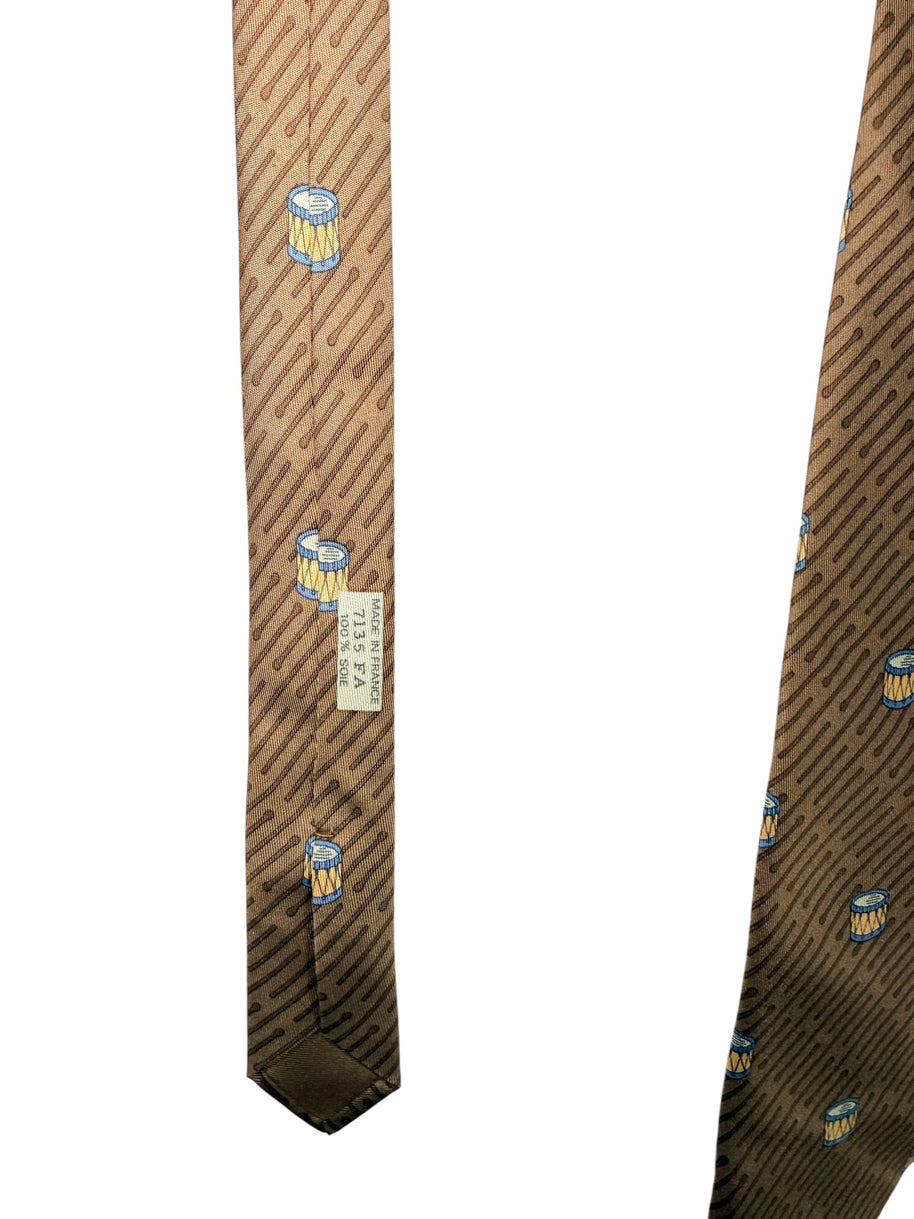 Hermes Vintage Silk Tie Brown Drum Print Made in France