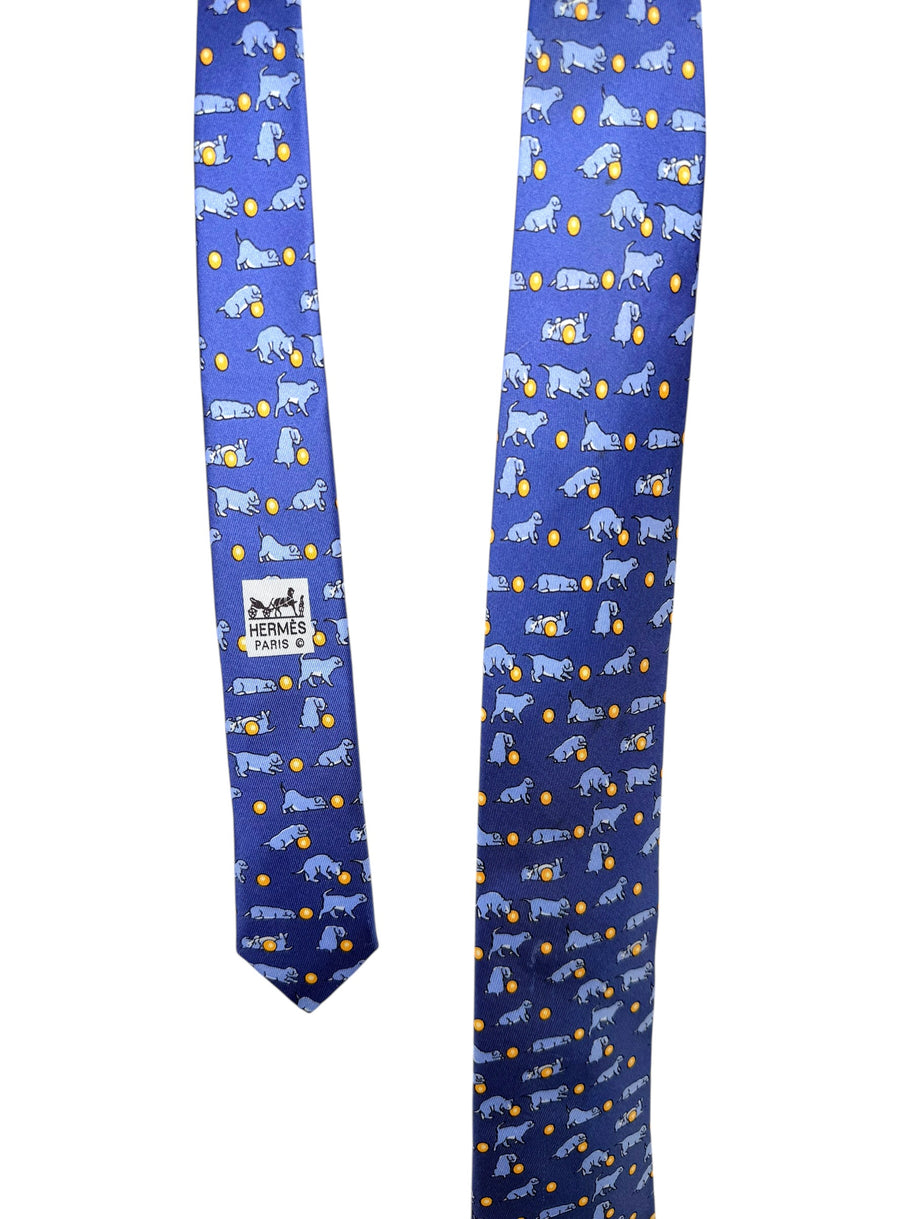 Hermes Silk Tie Blue Dog Print Made in France Classic