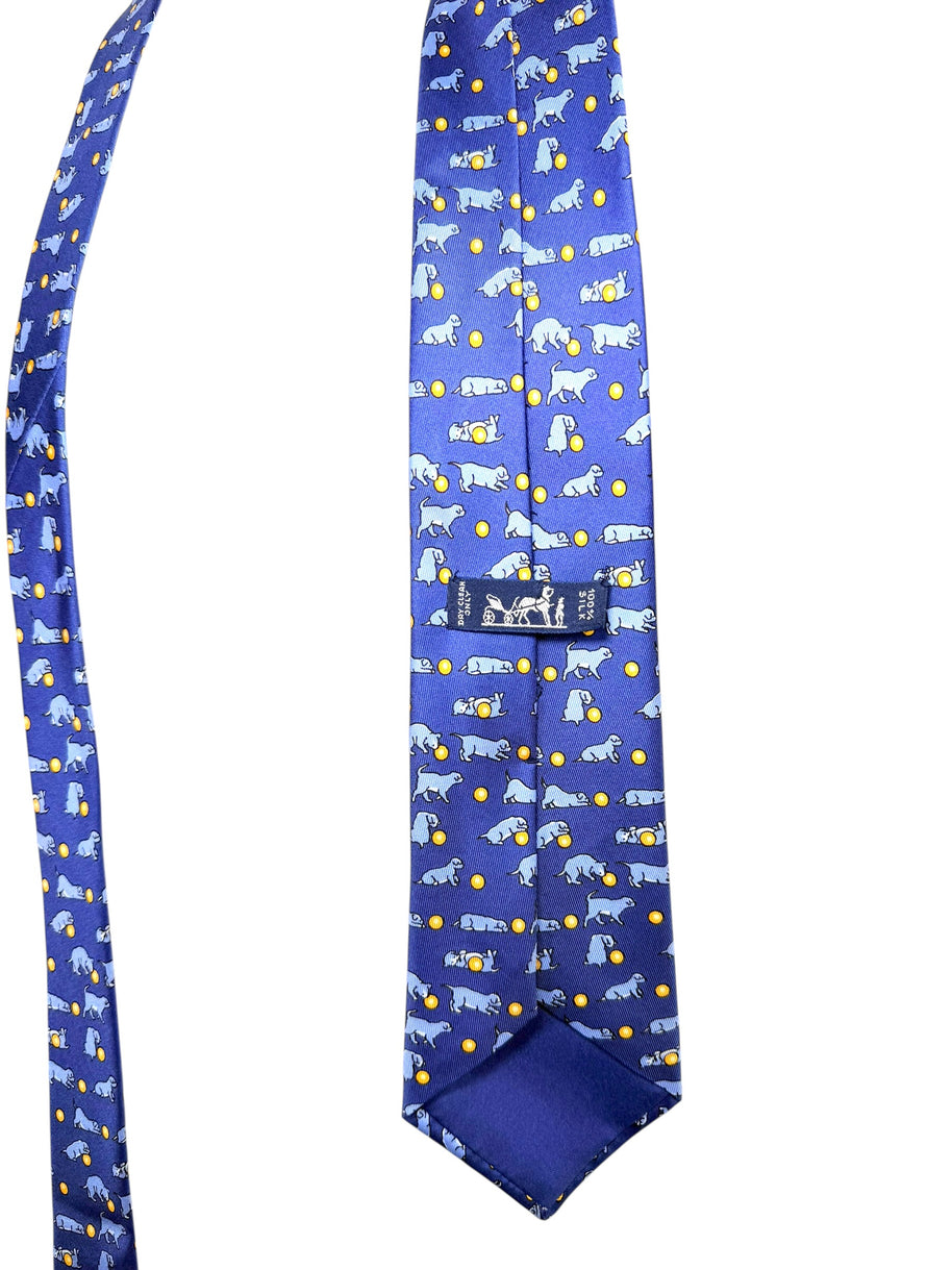 Hermes Silk Tie Blue Dog Print Made in France Classic
