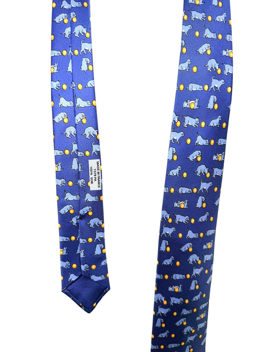 Hermes Silk Tie Blue Dog Print Made in France Classic