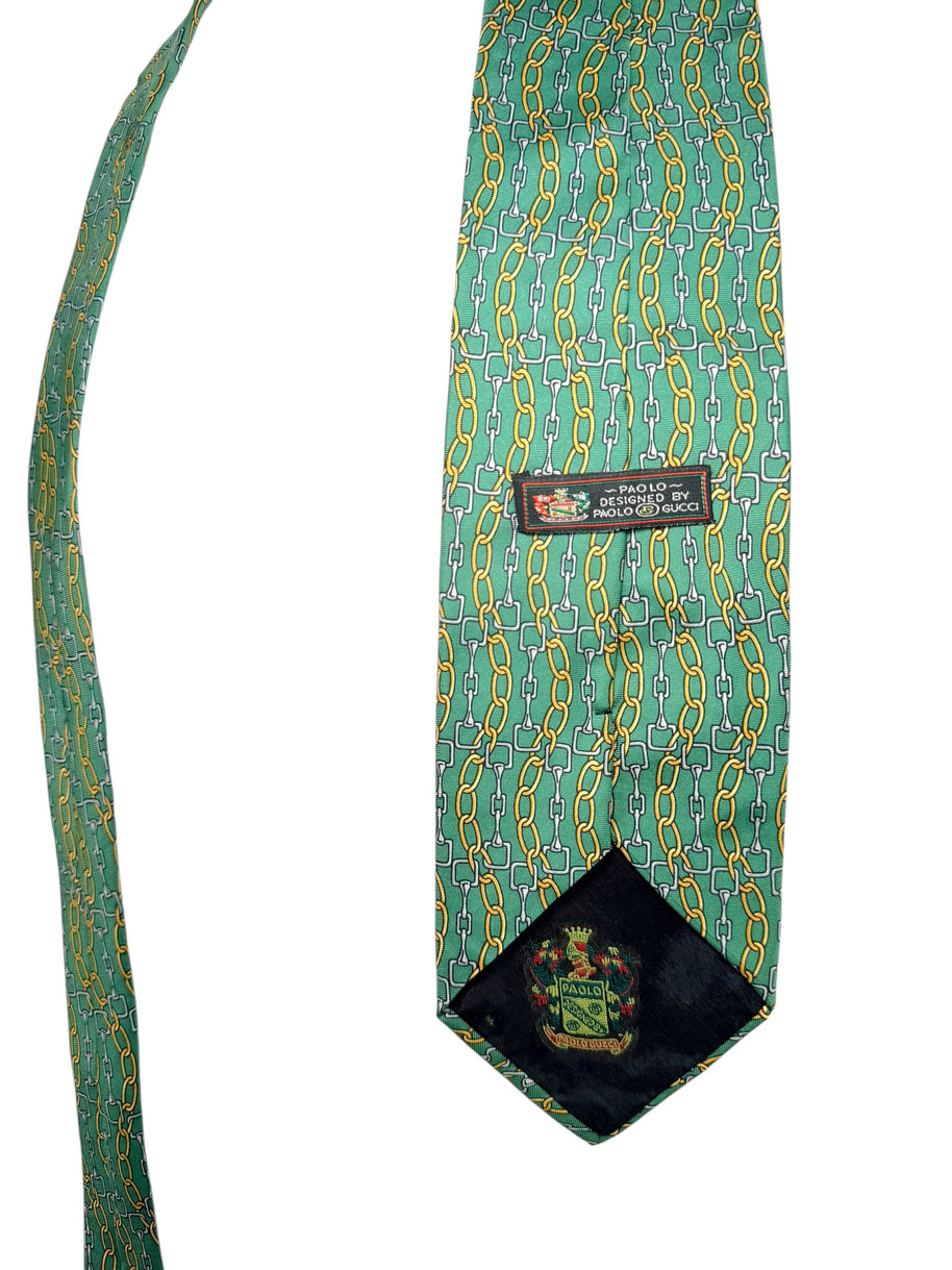 Paolo Gucci Vintage Silk Tie Green Chain Print Made Italy