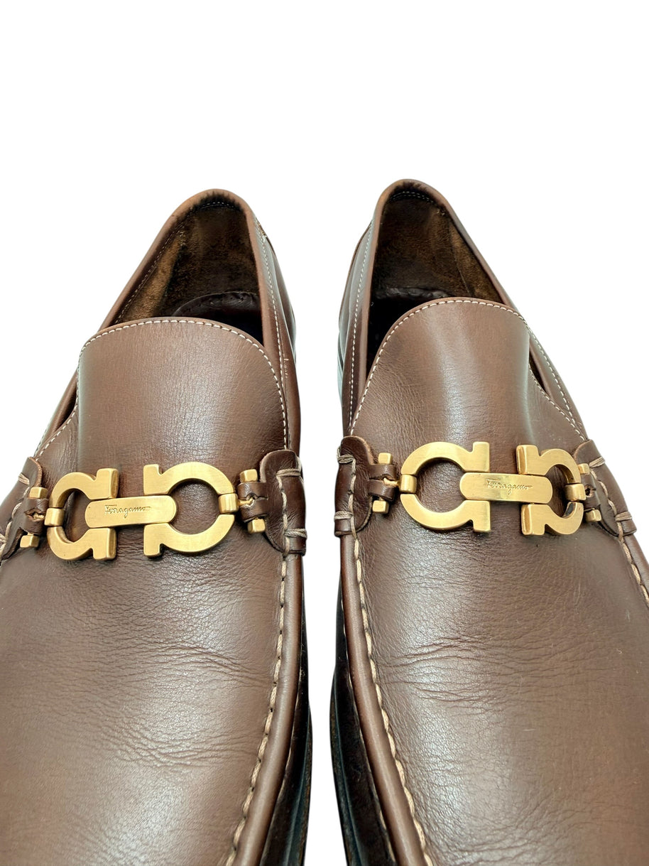 Ferragamo Brown Gancini Leather Loafers Size 12 D Italy