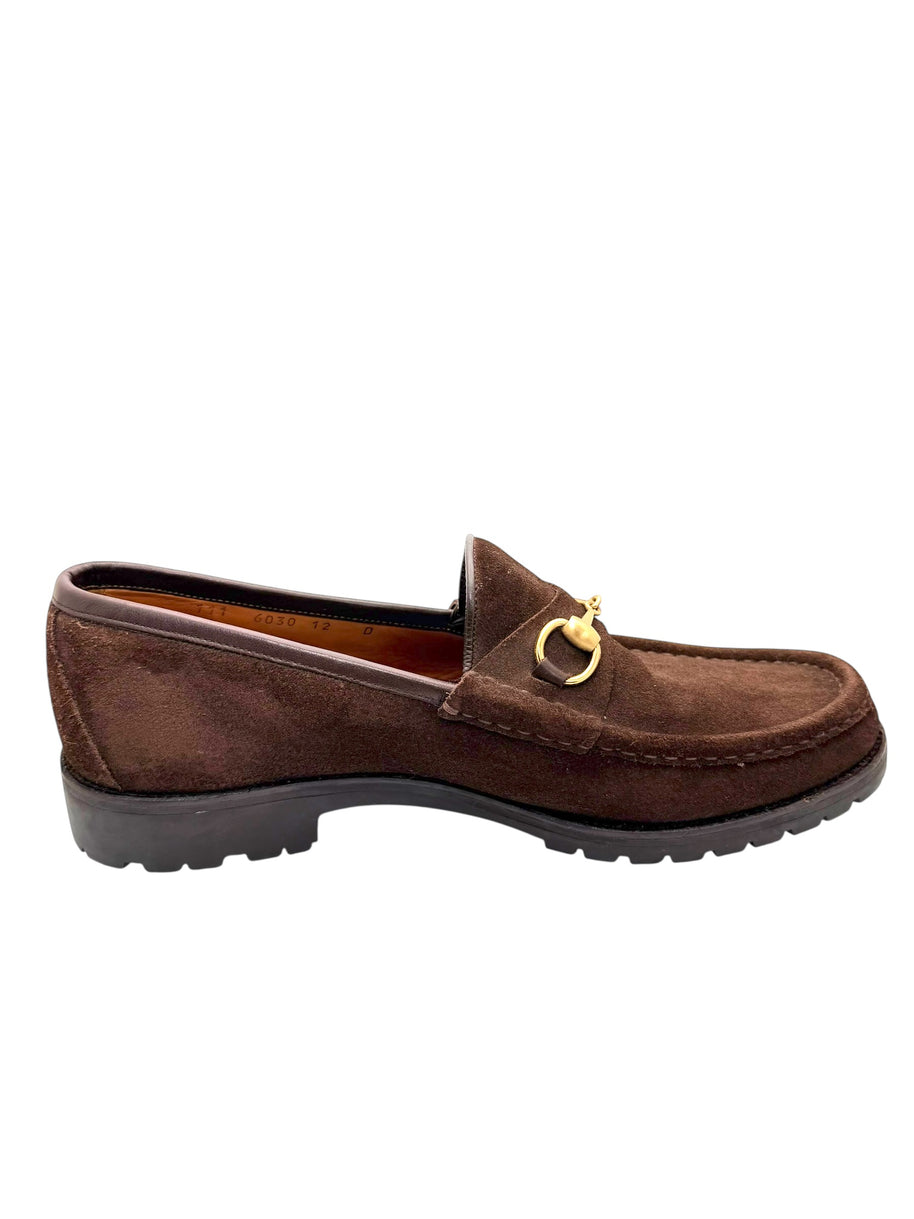 Gucci Brown Suede Horsebit Loafers Mens 12 Lug Sole Italy Vintage