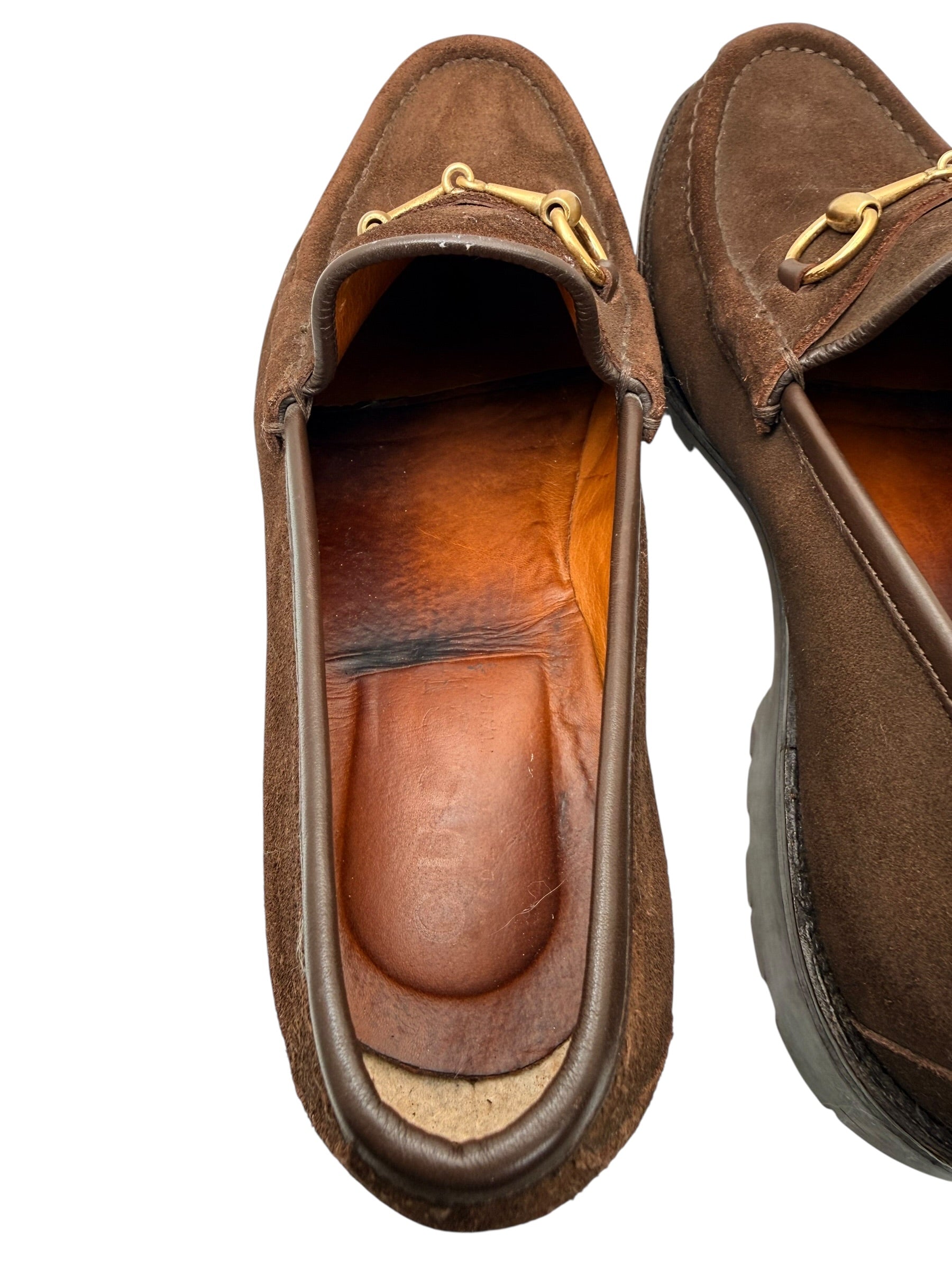 Gucci Brown Suede Horsebit Loafers Mens 12 Lug Sole Italy Vintage