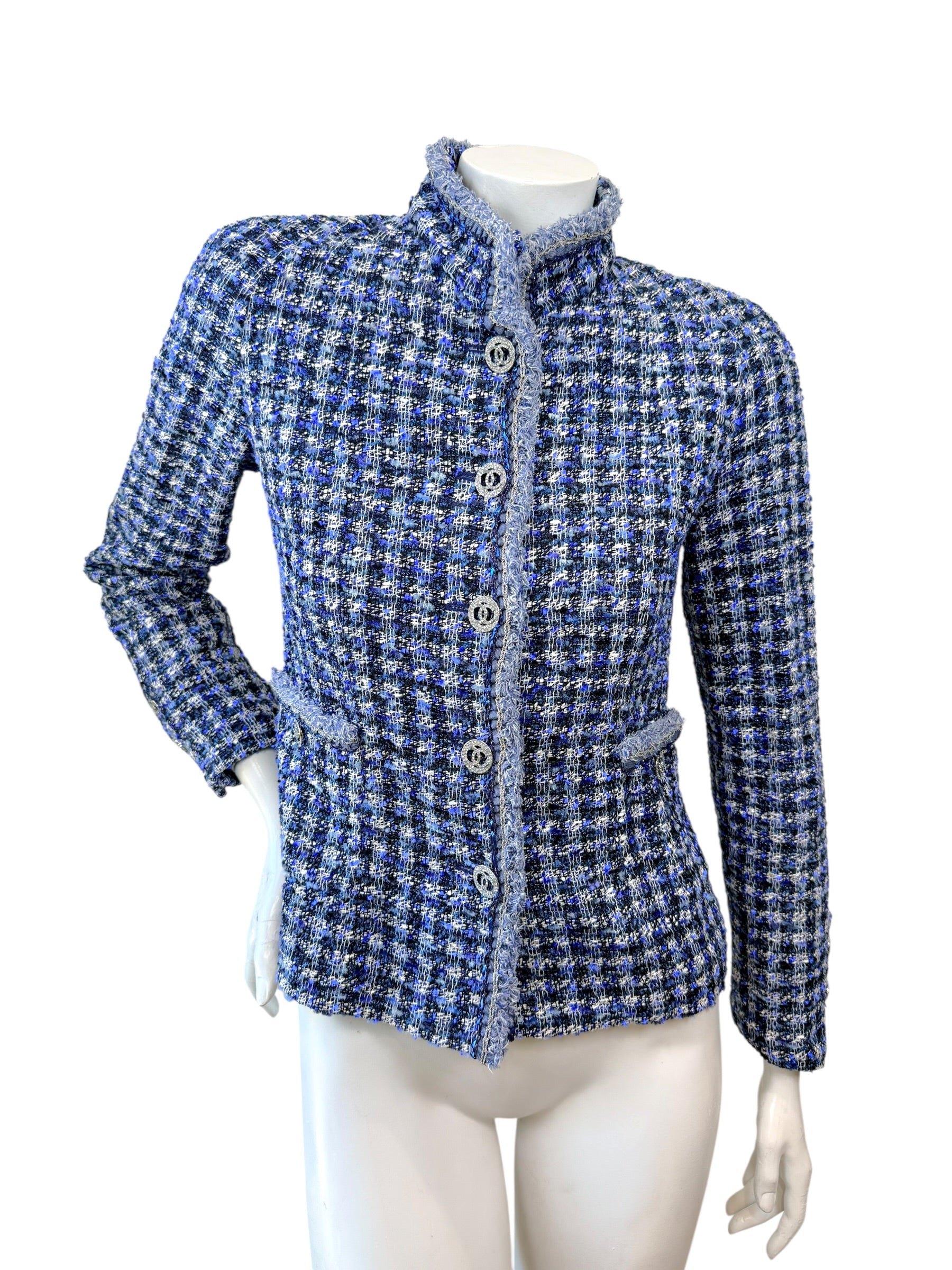 Chanel 2020 Tweed Jacket 34 Blue CC Buttons 20P NWT
