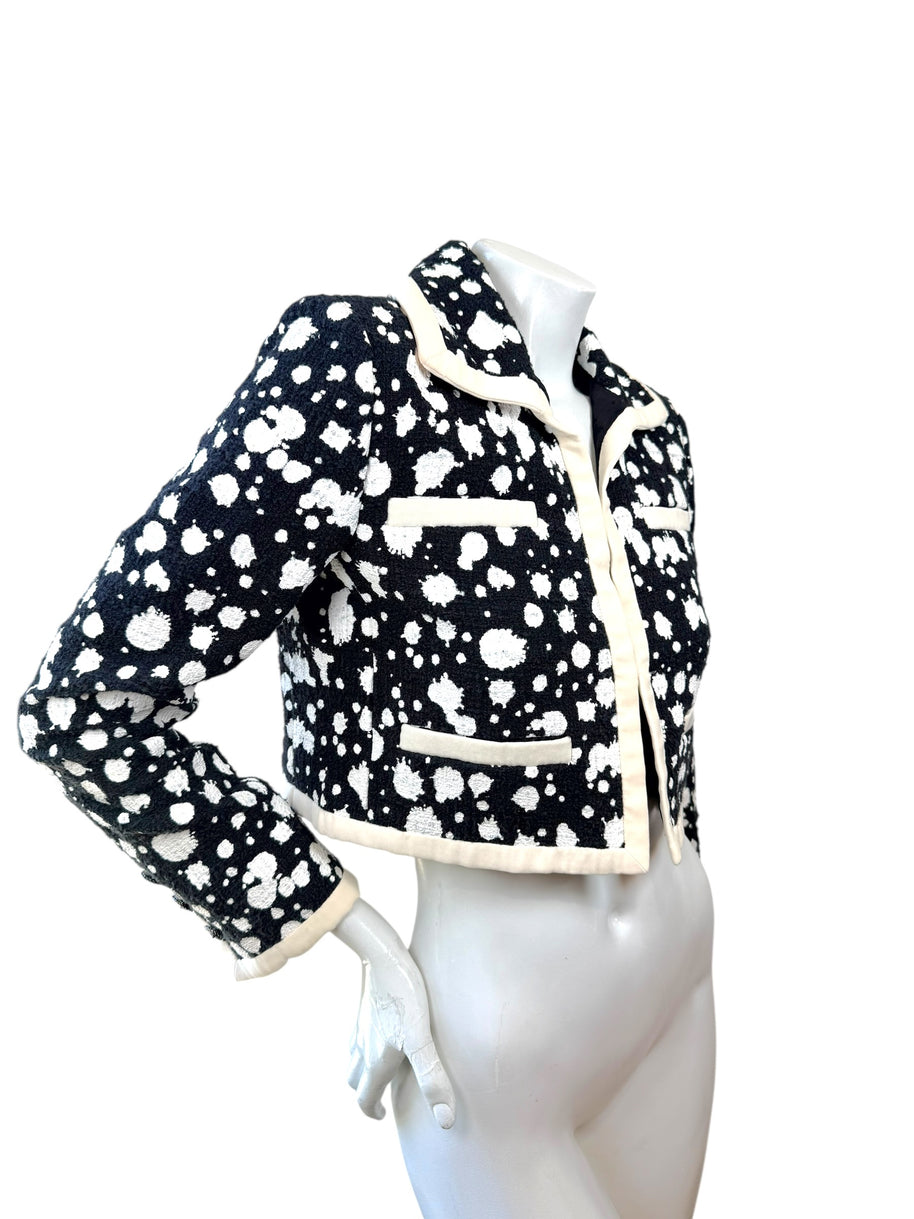 Chanel 2015 Bouclé Cropped Jacket Black White FR38